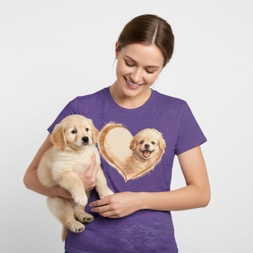 Purple t-shirt with a heart-shaped design of a dog on a white background