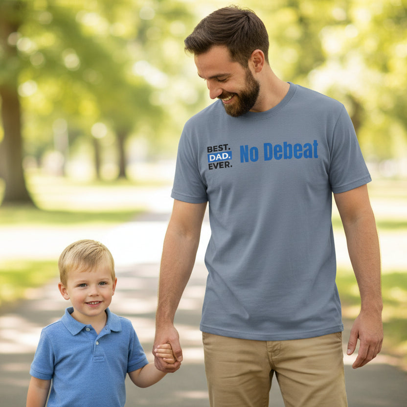 Gray t-shirt with 'Best Dad Ever' and 'No Debeat' text on a white background