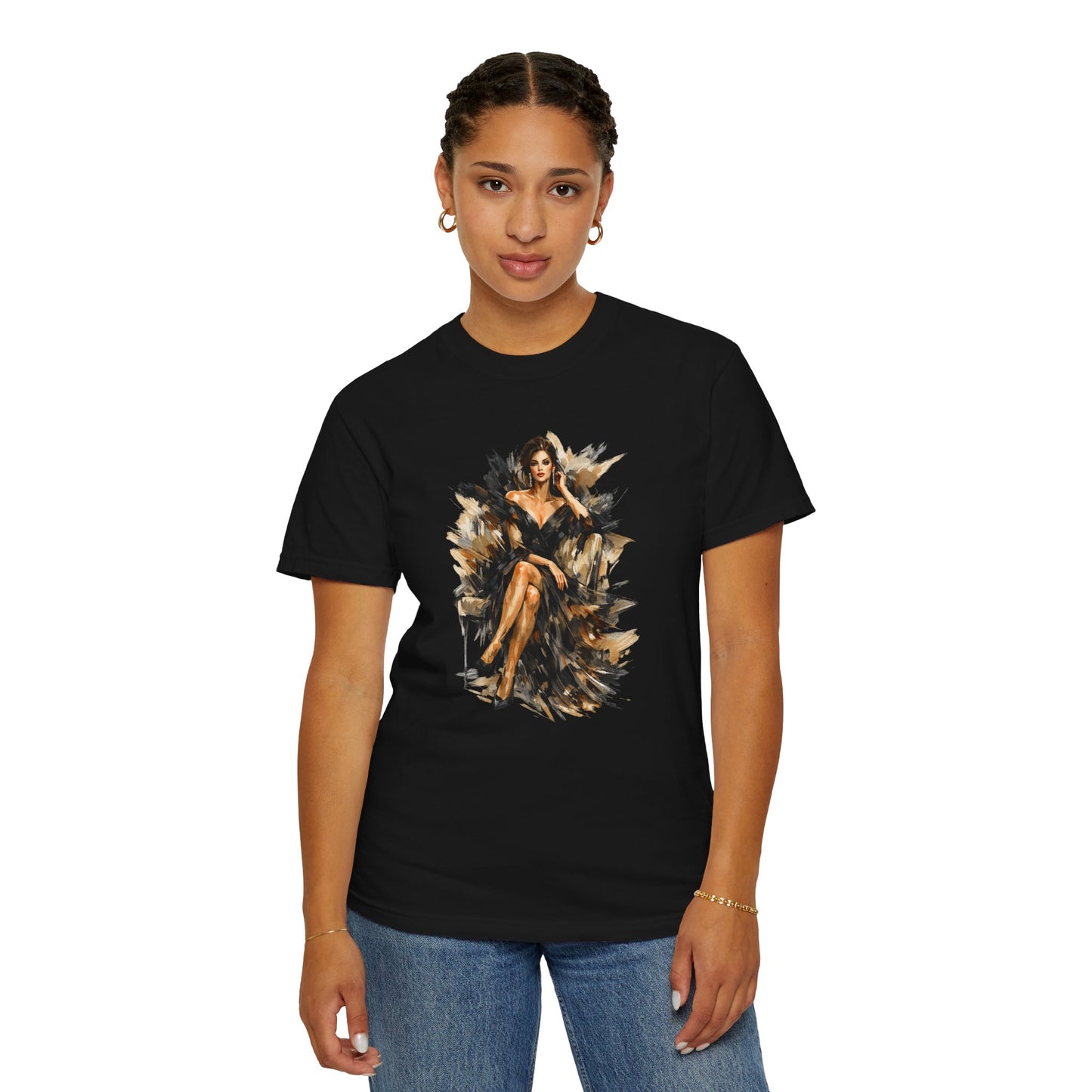 Fashion female icon in Black Art T-Shirt — Elegant Fashion Portrait Tee