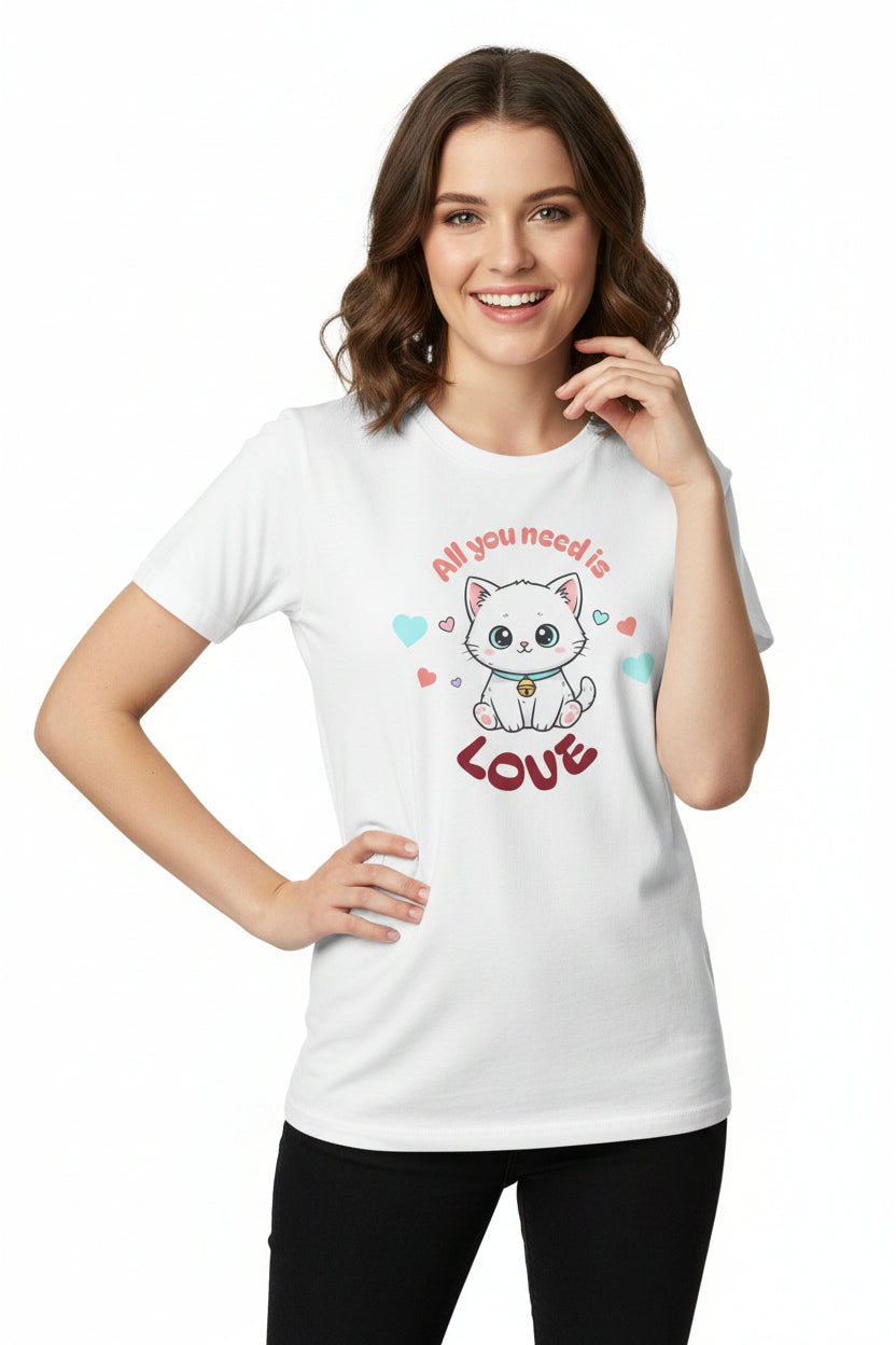 White t-shirt with a cartoon cat and text 'All you need is love' on a white background