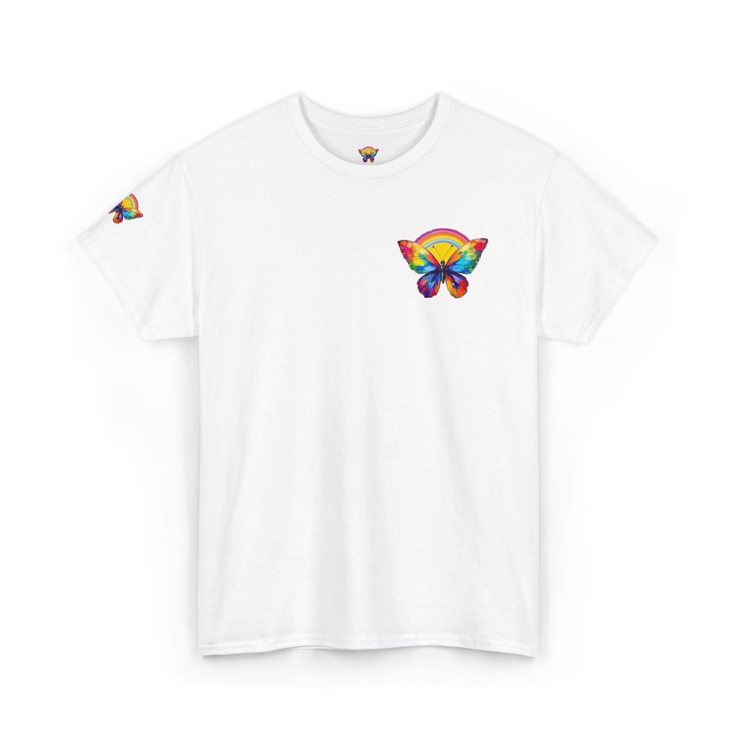 Butterfly Rainbow Tee — Small Chest & Sleeve Colorful Butterfly Graphic T-Shirt
