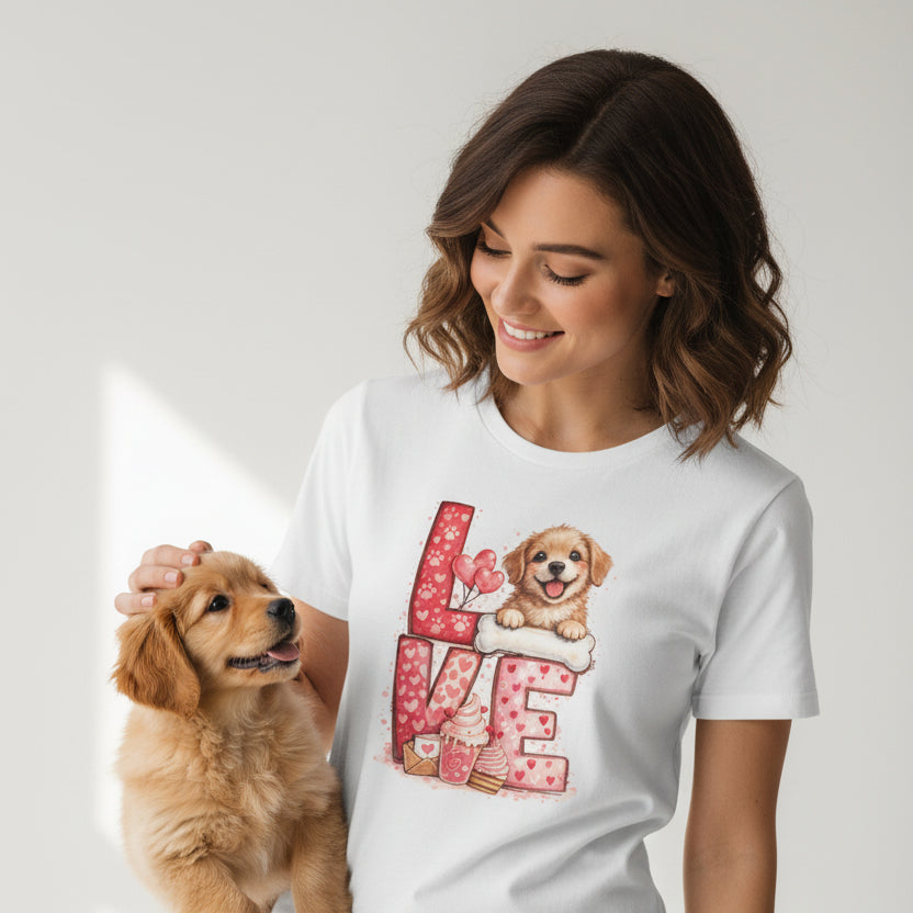 White t-shirt with a dog graphic and 'LOVE' text on a white background