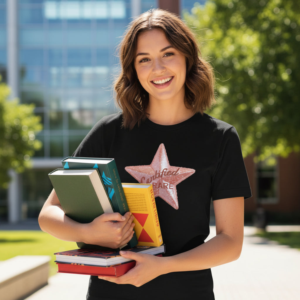 Black t-shirt with a pink star graphic on a white background