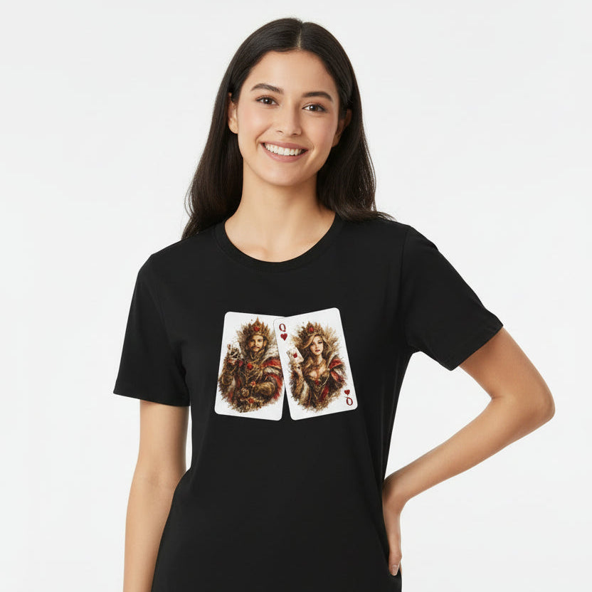 Black t-shirt with a graphic of card suits featuring a king and queen design on a white background.