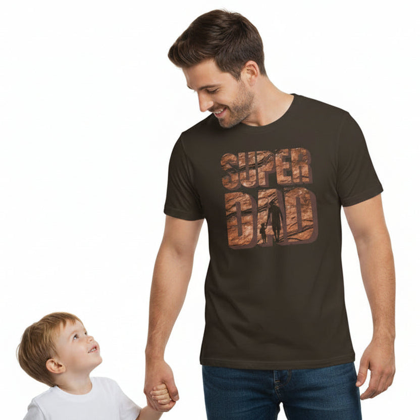 Brown t-shirt with 'Super Dad' graphic on a white background