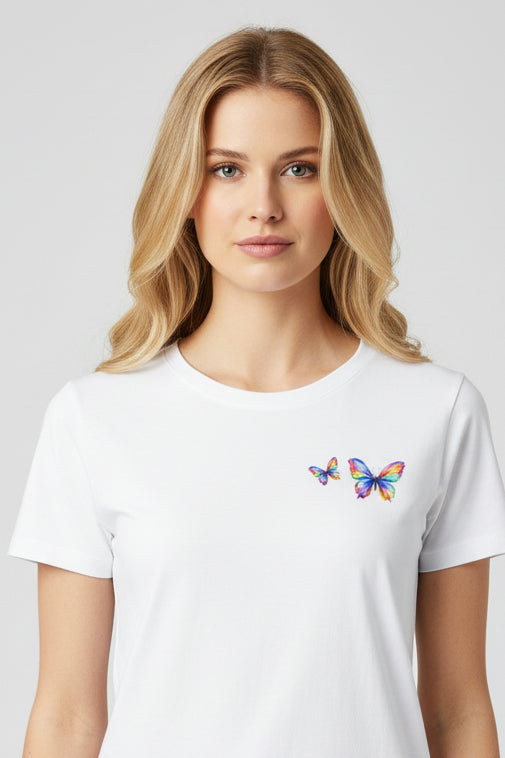 White t-shirt with a colorful butterfly design on a white background