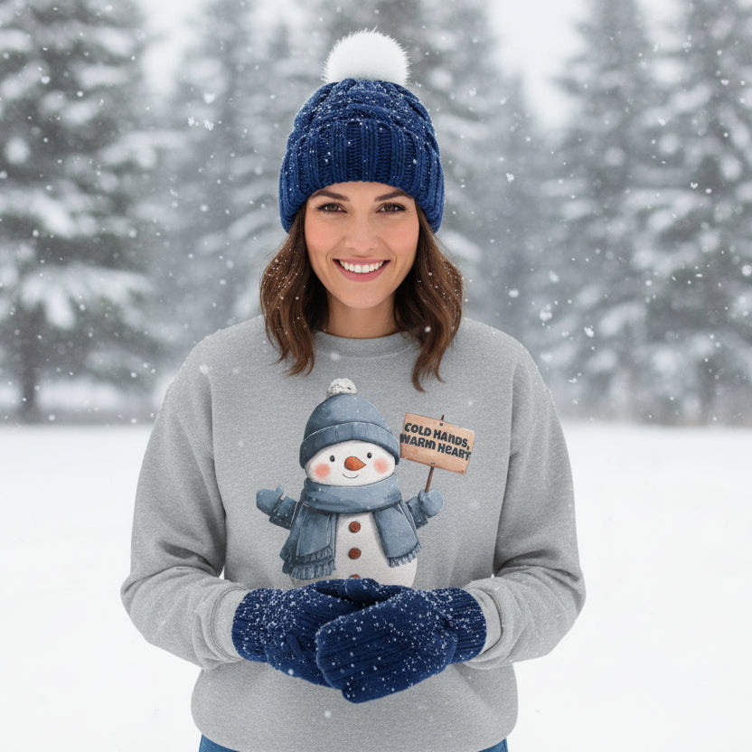 Gray sweatshirt with a snowman graphic holding a sign on a white background