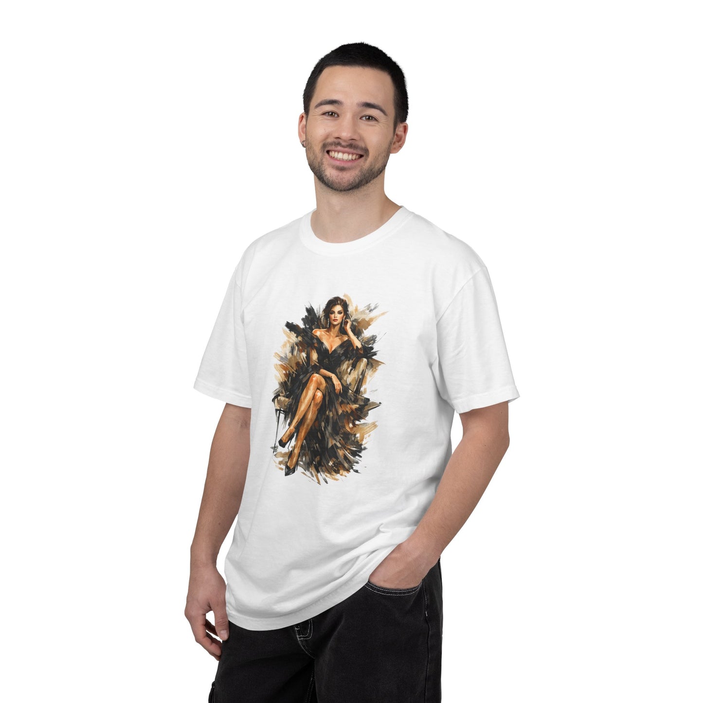 Fashion female icon in Black Art T-Shirt — Elegant Fashion Portrait Tee
