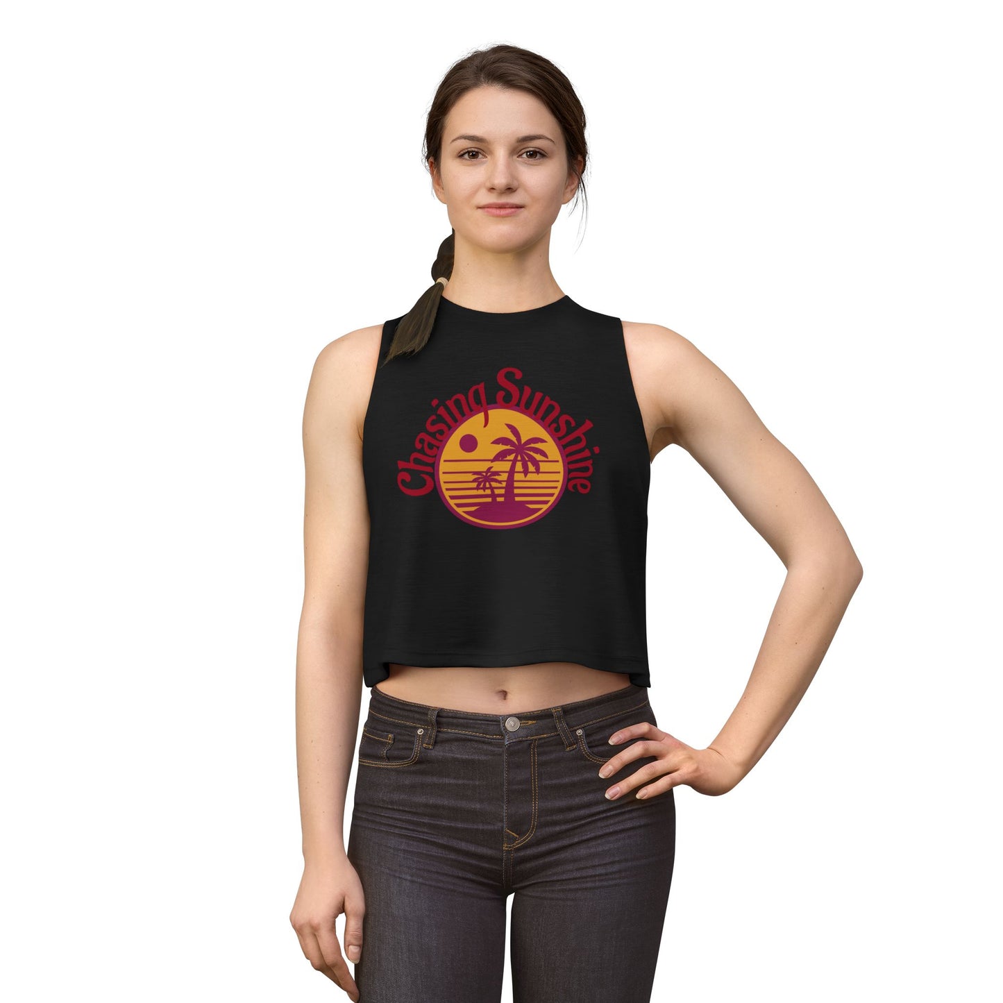 Chasing Sunshine Women's Crop Tank — Retro Sunset Palm Beach Top