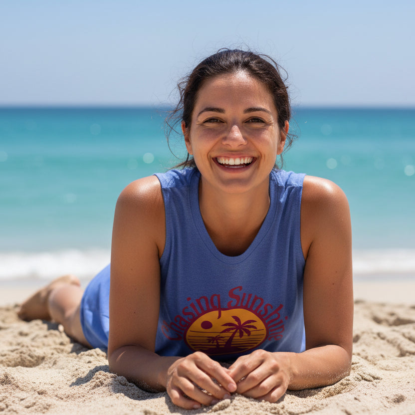 Chasing Sunshine Women's Crop Tank — Retro Sunset Palm Beach Top