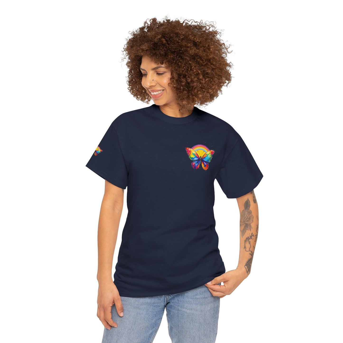 Butterfly Rainbow Tee — Small Chest & Sleeve Colorful Butterfly Graphic T-Shirt