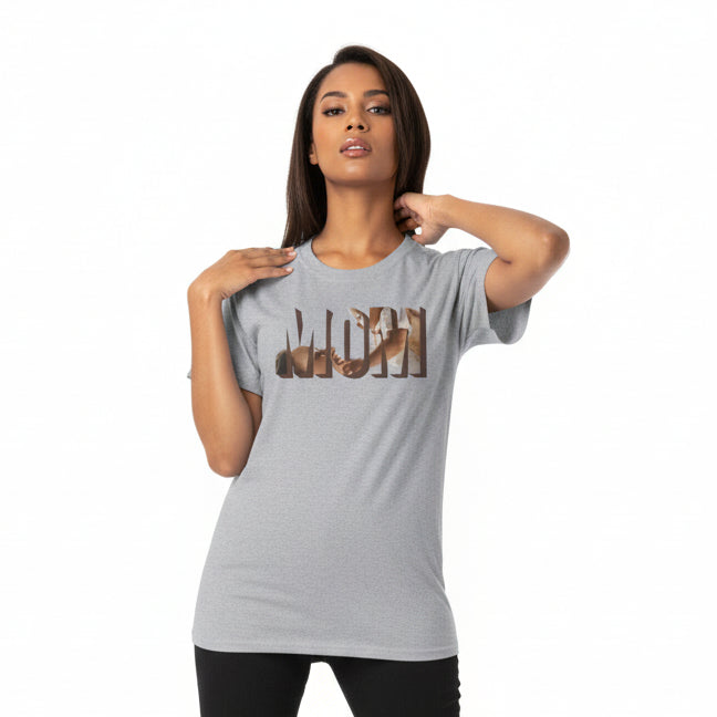 Gray t-shirt with a graphic design on a white background