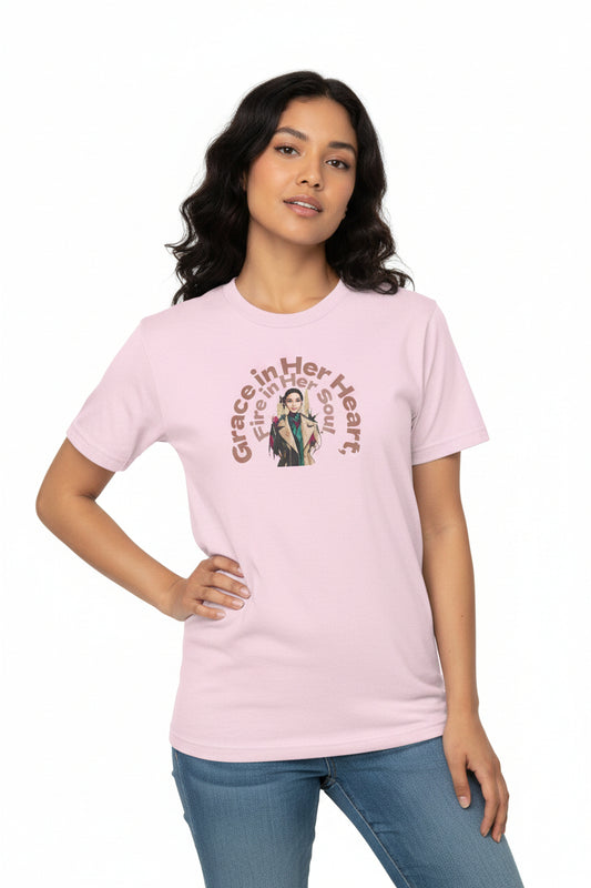 Pink t-shirt with graphic design and text on a white background
