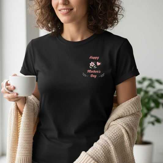 Black t-shirt with 'Happy Mother's Day' text and paw print design on a white background