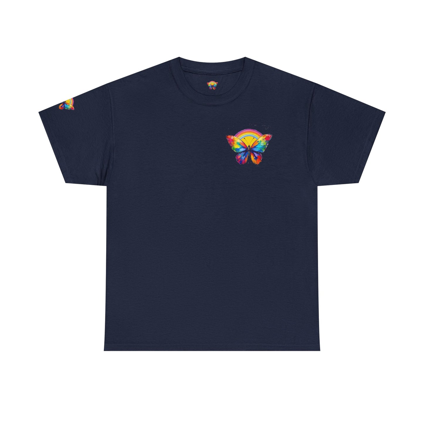 Butterfly Rainbow Tee — Small Chest & Sleeve Colorful Butterfly Graphic T-Shirt