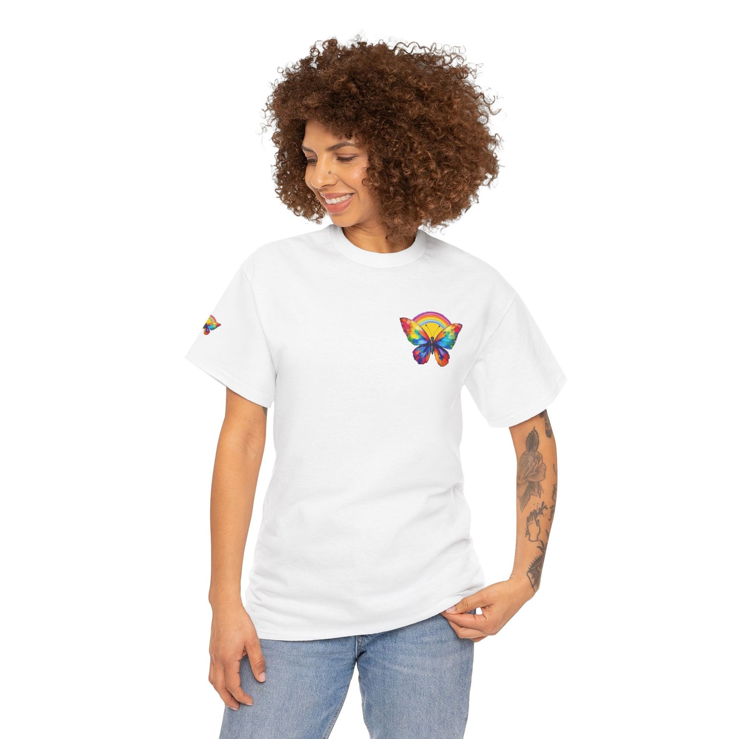 Butterfly Rainbow Tee — Small Chest & Sleeve Colorful Butterfly Graphic T-Shirt