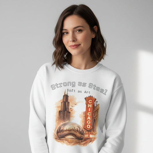 White sweatshirt with a graphic design and text on a white background