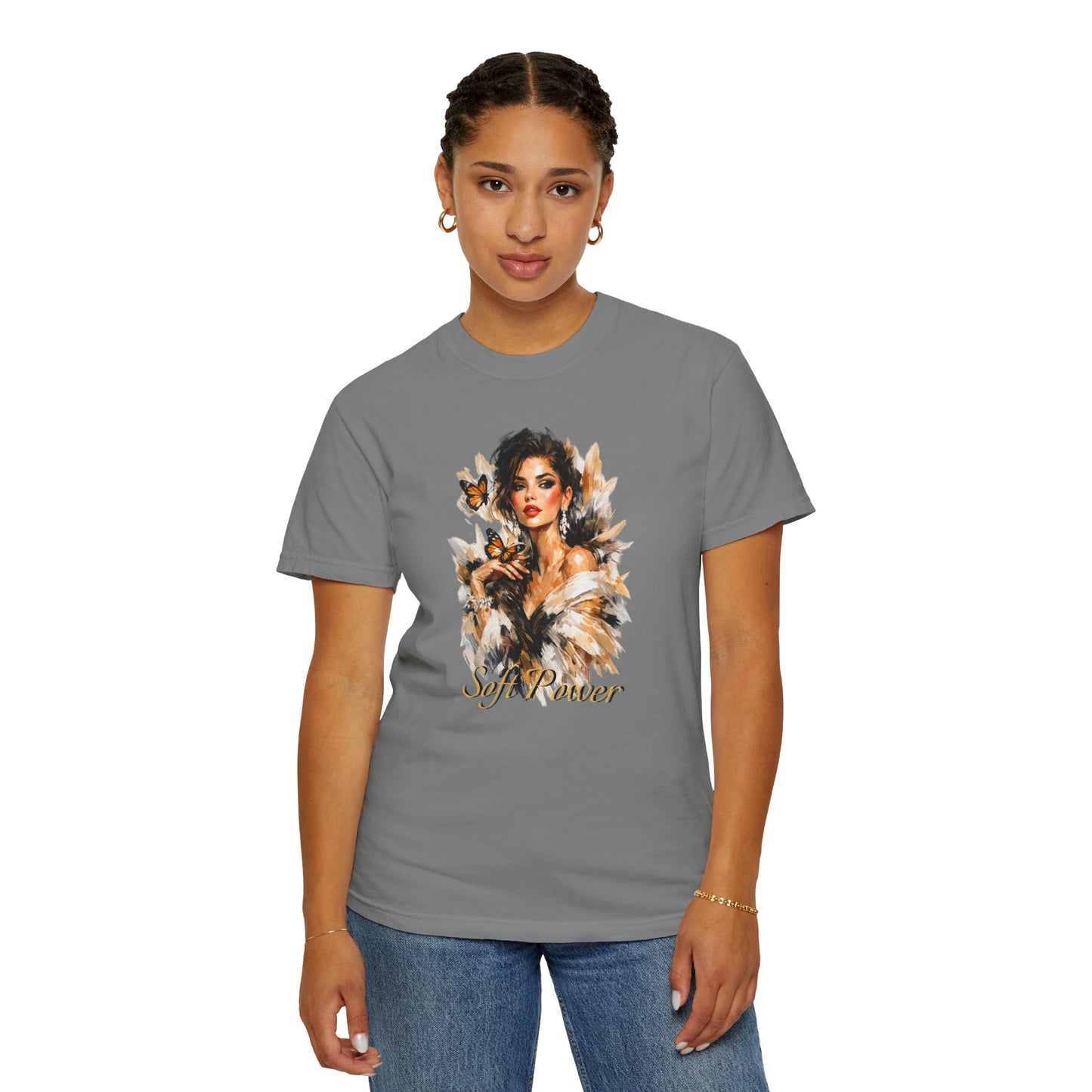 Soft Power Graphic T-Shirt — Empowered Woman Portrait Tee