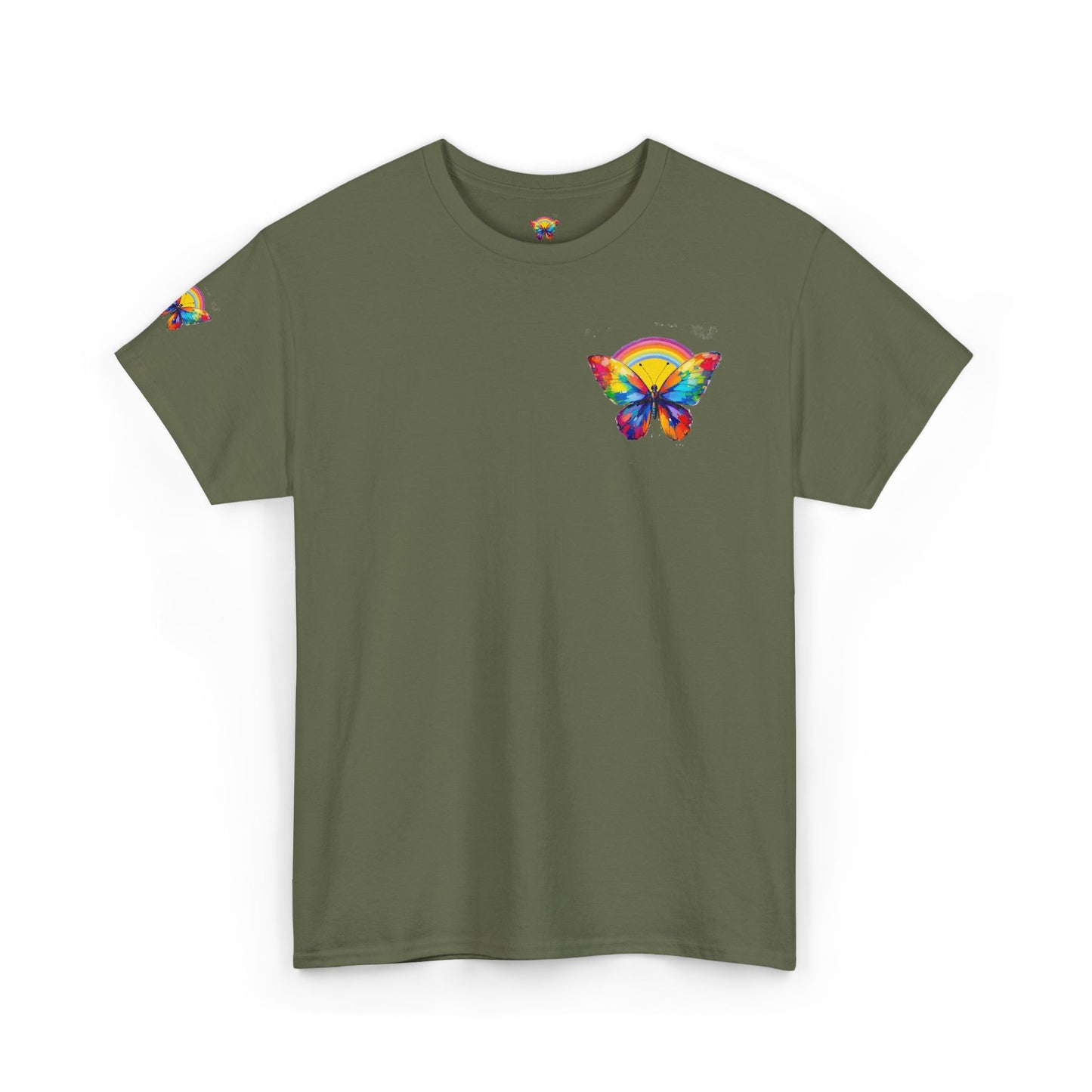 Butterfly Rainbow Tee — Small Chest & Sleeve Colorful Butterfly Graphic T-Shirt