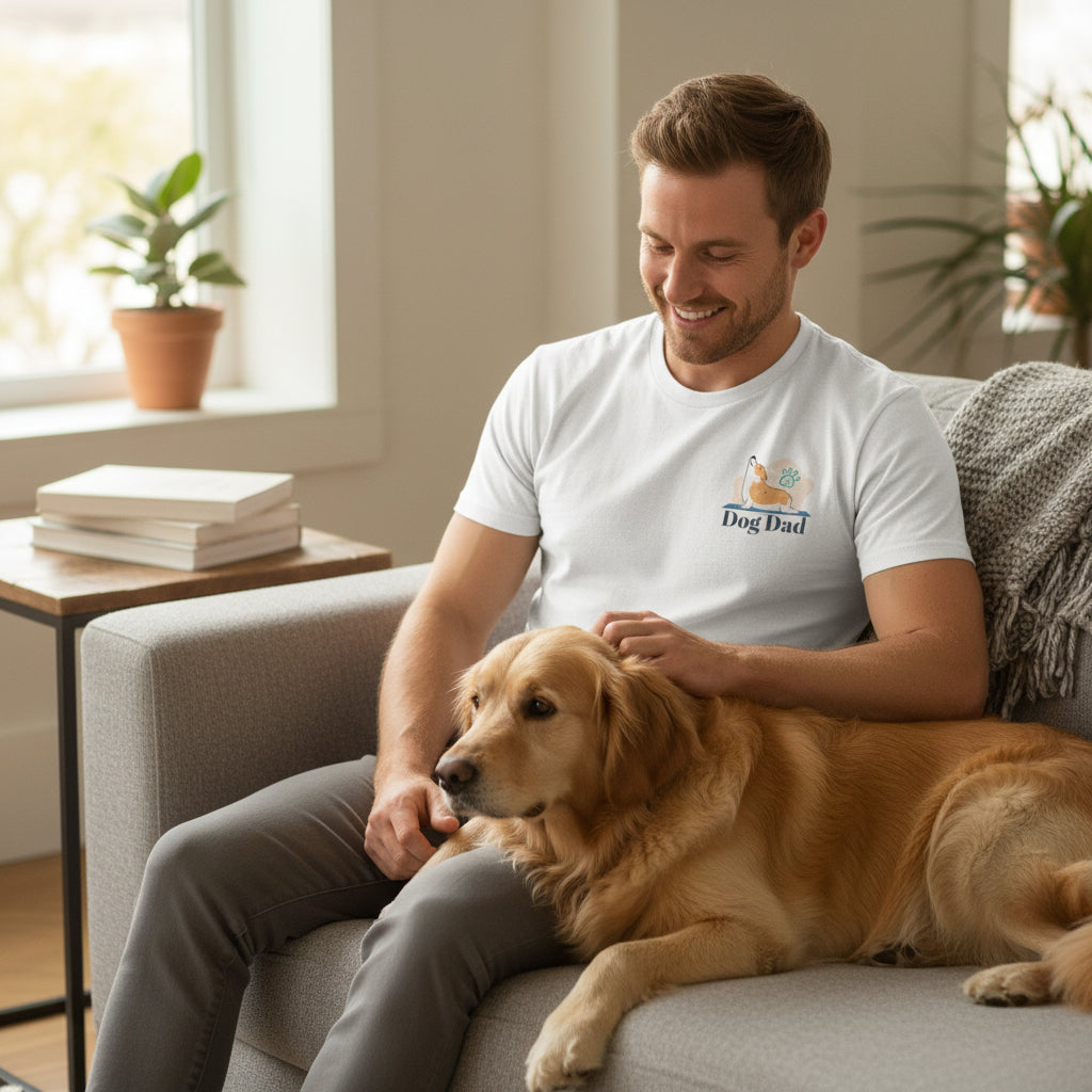 White t-shirt with 'Dog Dad' graphic on a white background