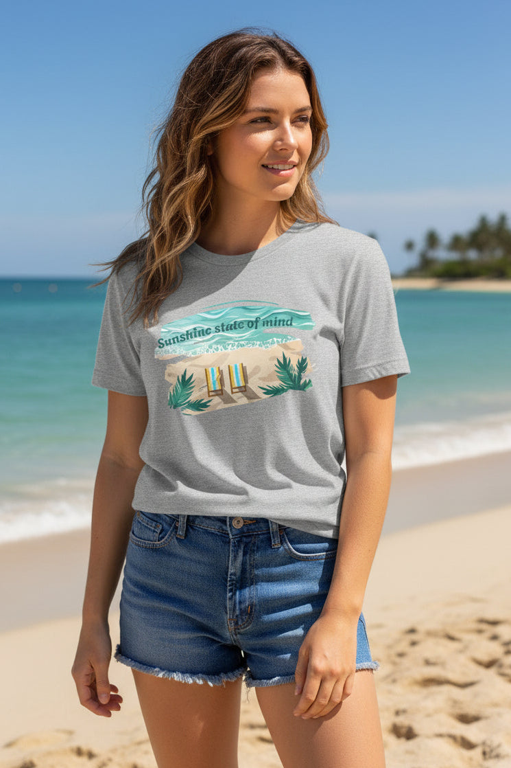 Gray t-shirt with a beach graphic and 'Sunshine state of mind' text on a white background