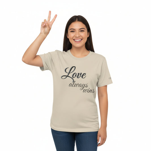 Beige t-shirt with 'Love always wins' text on a white background