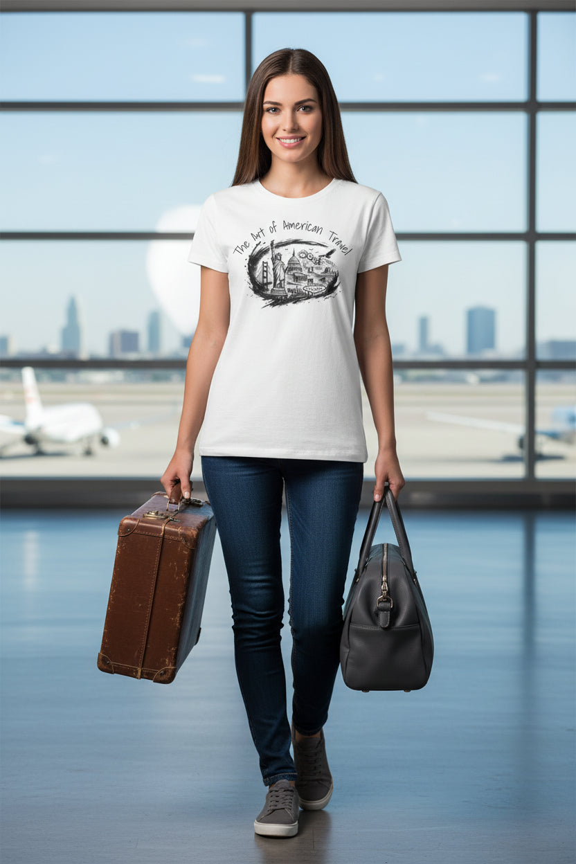 White t-shirt with black graphic design and text on a white background