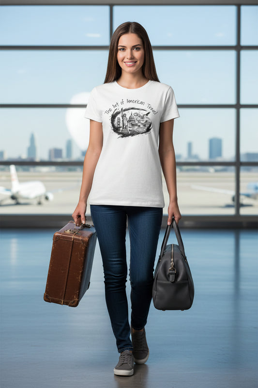 White t-shirt with black graphic design and text on a white background