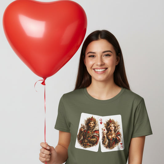 Green t-shirt with a graphic of playing card suits on a white background