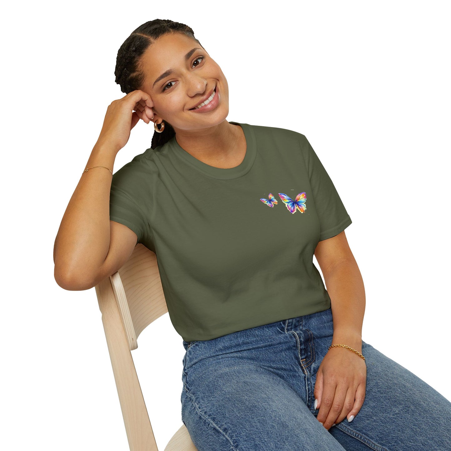 Butterfly Chest Print T-Shirt — Colorful Watercolor Butterflies Tee