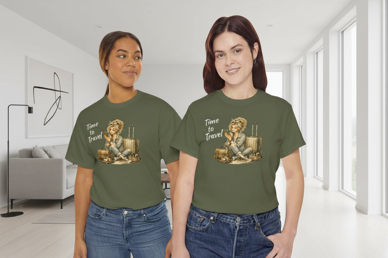 Two people wearing green t-shirts with a graphic design and text on a white background