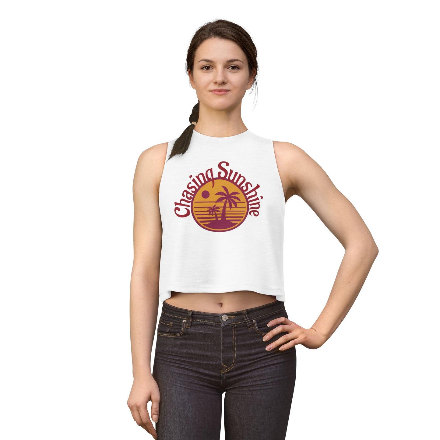 Chasing Sunshine Women's Crop Tank — Retro Sunset Palm Beach Top