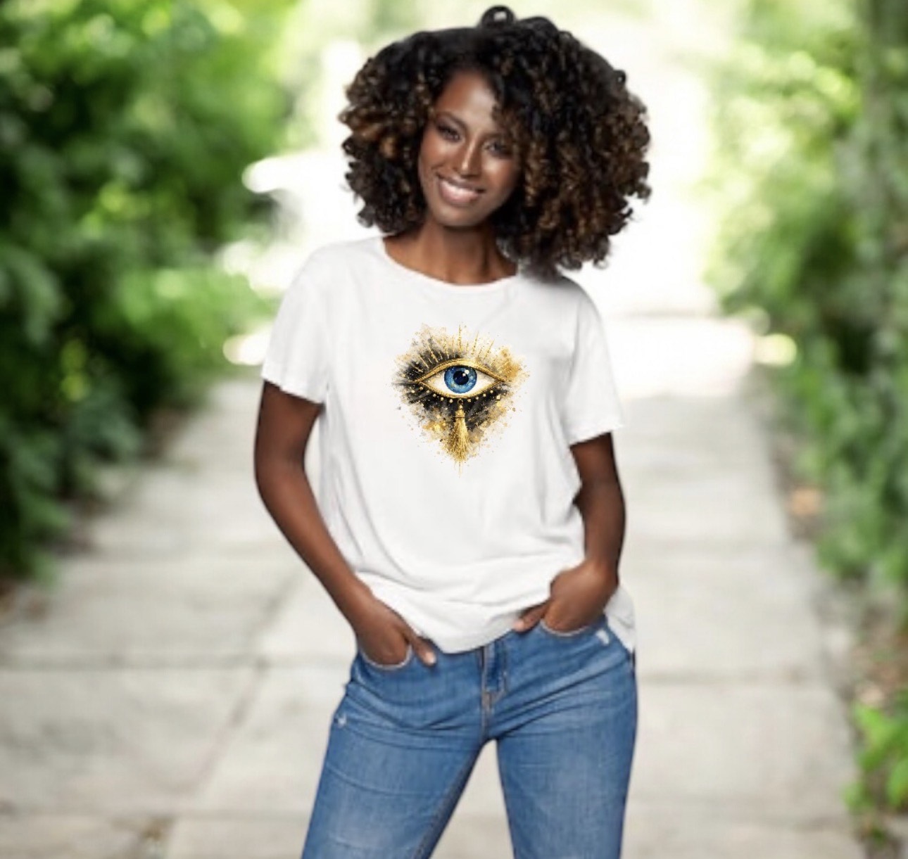 Mystic Blue Eye Graphic Tee — Golden Paint Splash