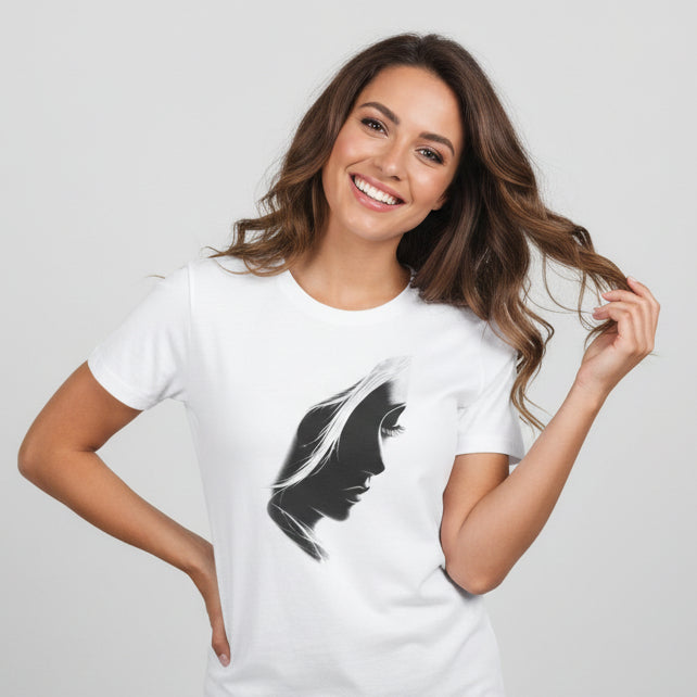 White t-shirt with black silhouette design on a white background