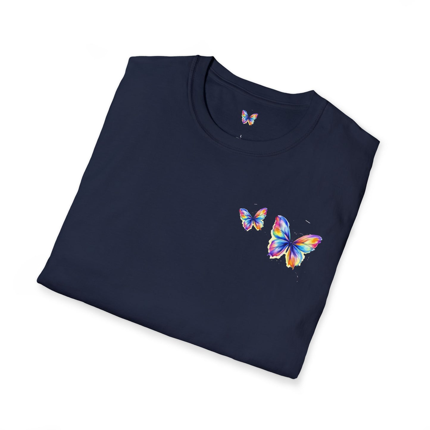 Butterfly Chest Print T-Shirt — Colorful Watercolor Butterflies Tee