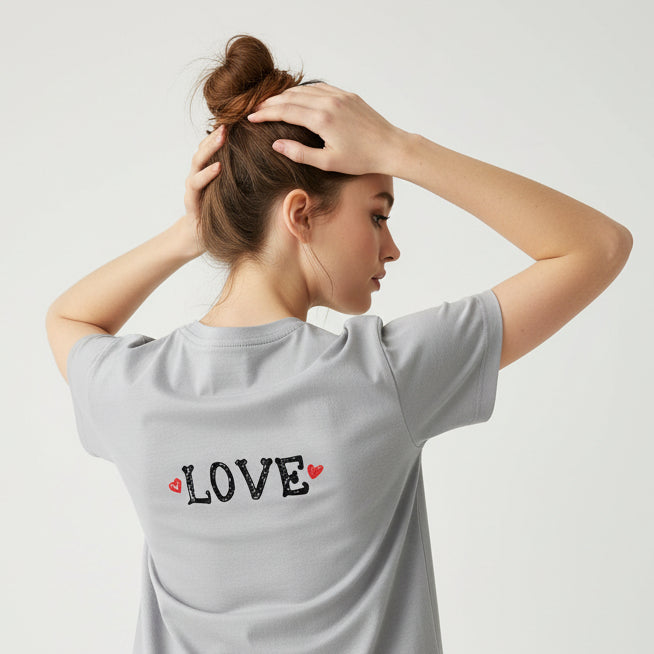 Gray t-shirt with 'LOVE' text and red hearts on a white background