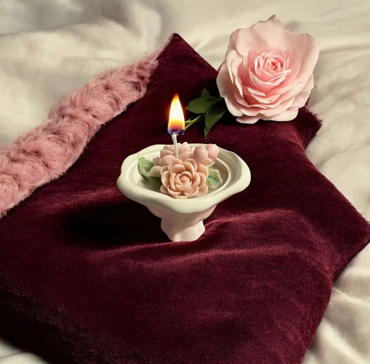 Handmade floral candle in cement pot |artisan flower décor piece, perfect decorative accent and gift for any home