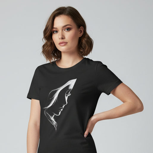 Black t-shirt with a white silhouette design of a woman's profile on a white background