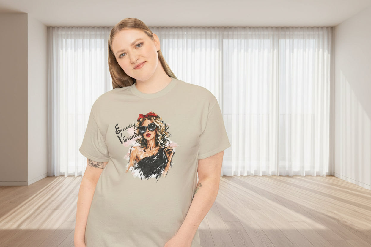Woman wearing a beige t-shirt with a graphic design on a white background