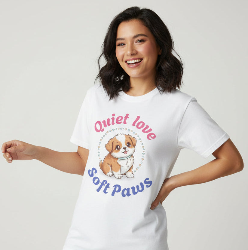 White t-shirt with a dog graphic and text 'Quiet love Soft Paws' on a white background