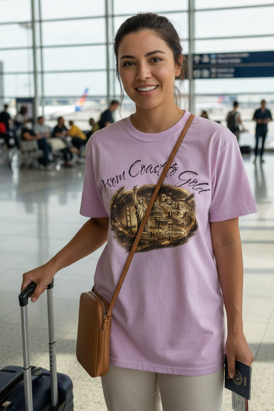 Pink t-shirt with graphic design and text on a white background