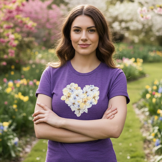 Purple t-shirt with a floral heart design on a white background