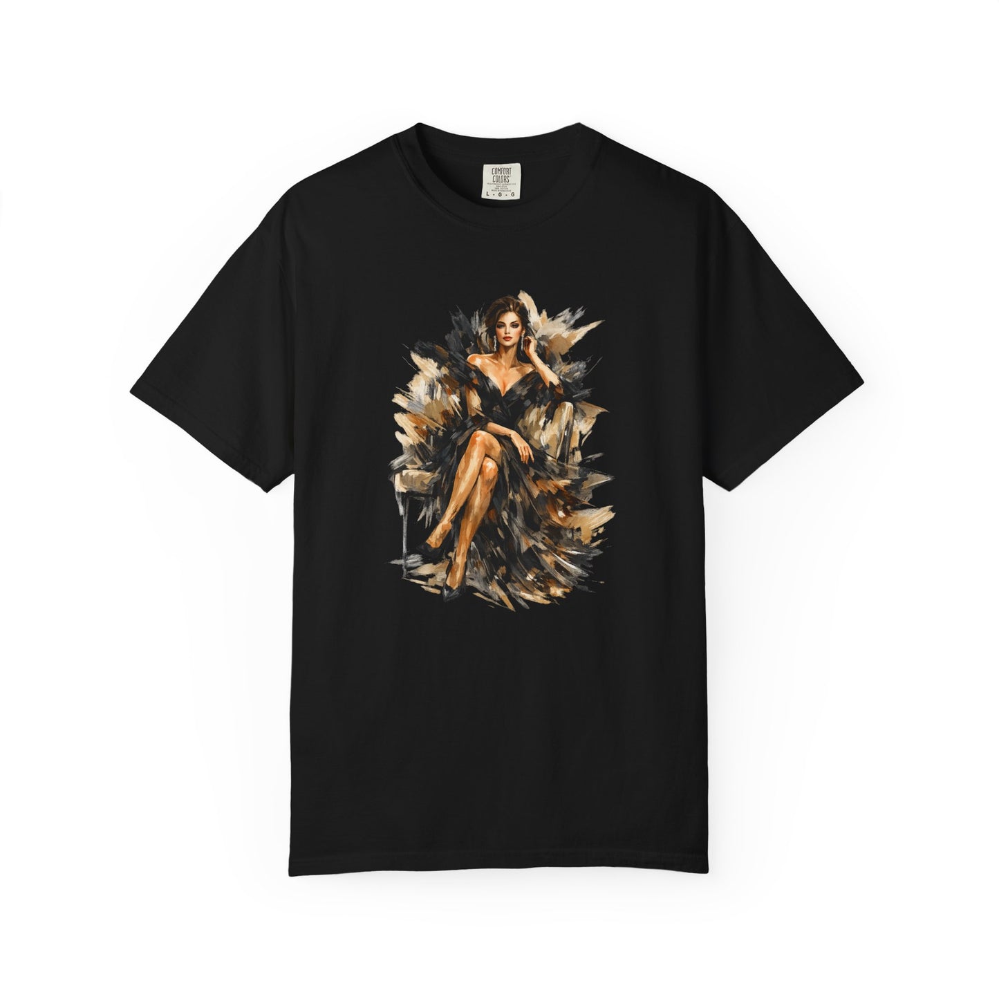 Fashion female icon in Black Art T-Shirt — Elegant Fashion Portrait Tee
