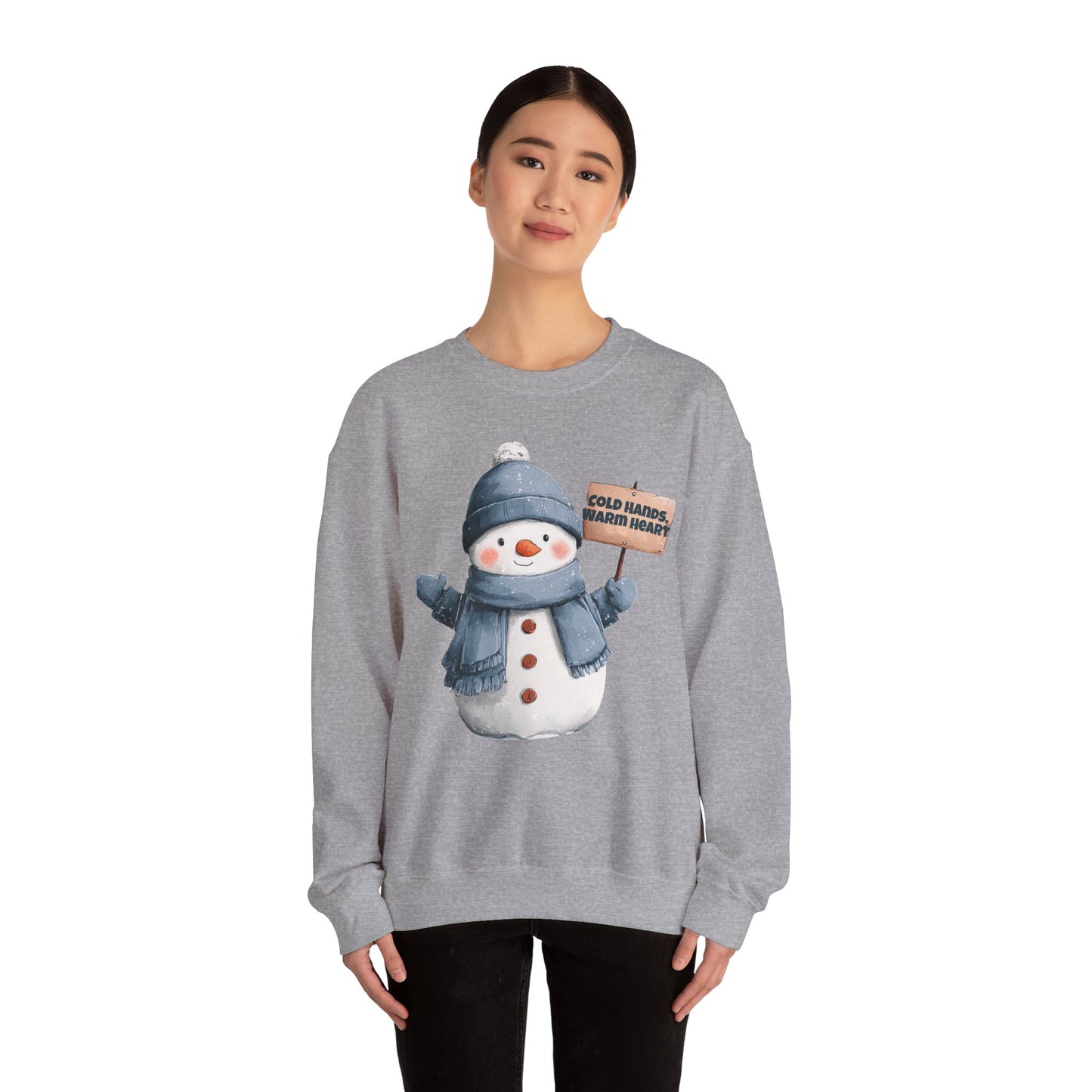 Snowman Crewneck Sweatshirt — Cute Snowman Holding "Cold Hands Warm Heart" Sign