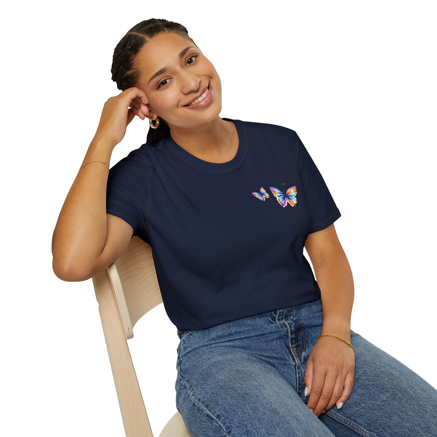 Butterfly Chest Print T-Shirt — Colorful Watercolor Butterflies Tee