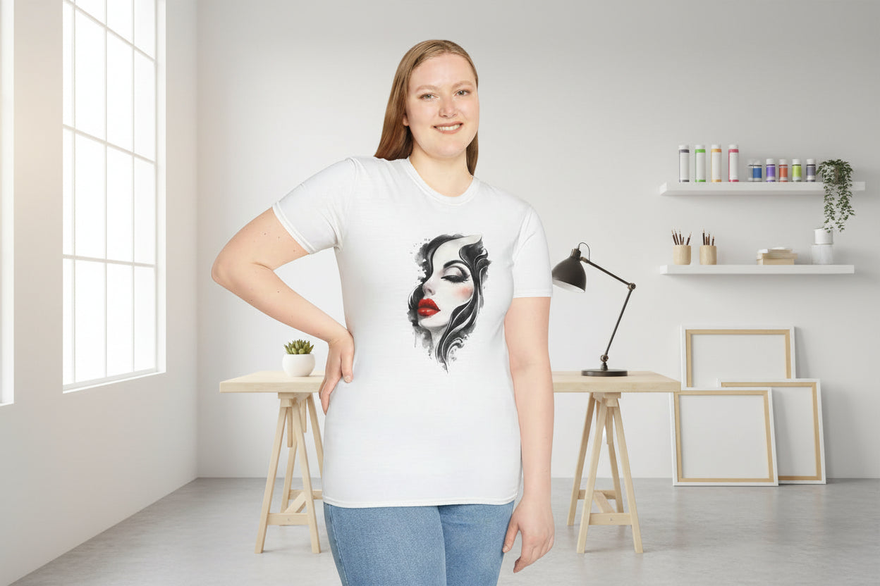 Woman wearing a white t-shirt with a graphic design on a white background