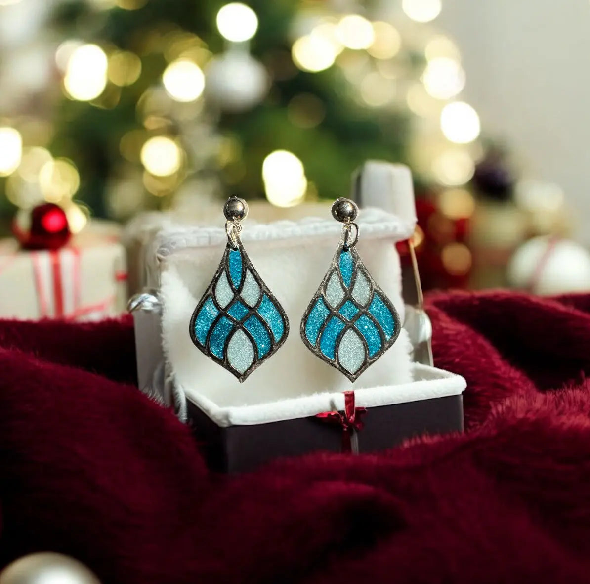 Frosty blue Winter Wonderland Christmas Ornament Earrings - MehrArt collections