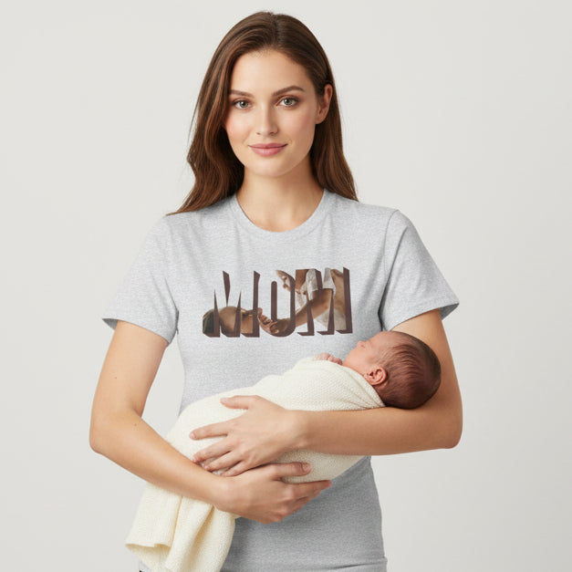 Gray t-shirt with a graphic design on a white background
