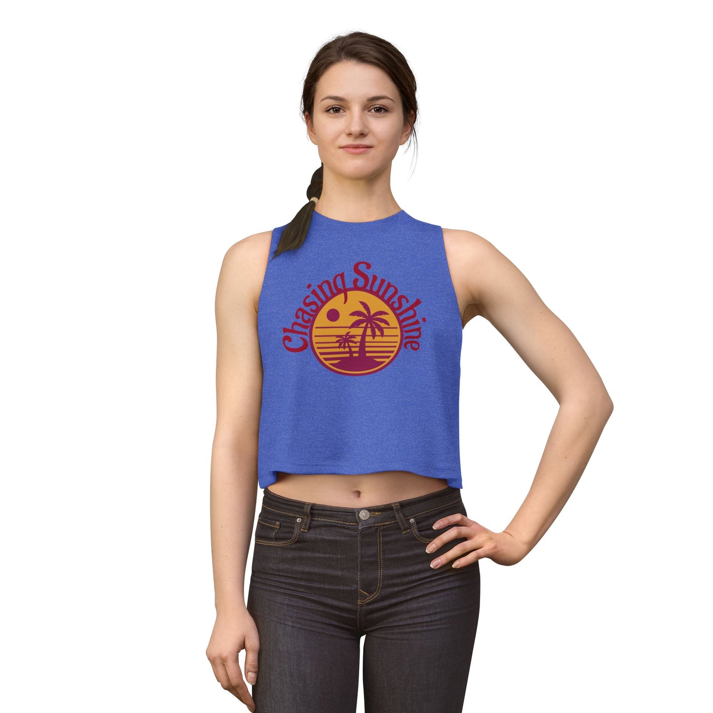 Chasing Sunshine Women's Crop Tank — Retro Sunset Palm Beach Top