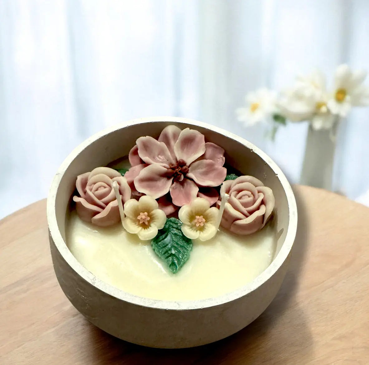 Handmade flower candle in cement pot | elegant floral décor accent, perfect for gifting and home decoration